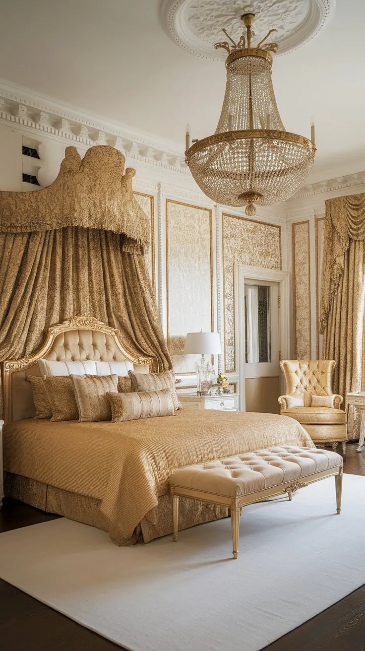 Exuberant gold accents define this opulent mansion bedroom's regal aesthetic