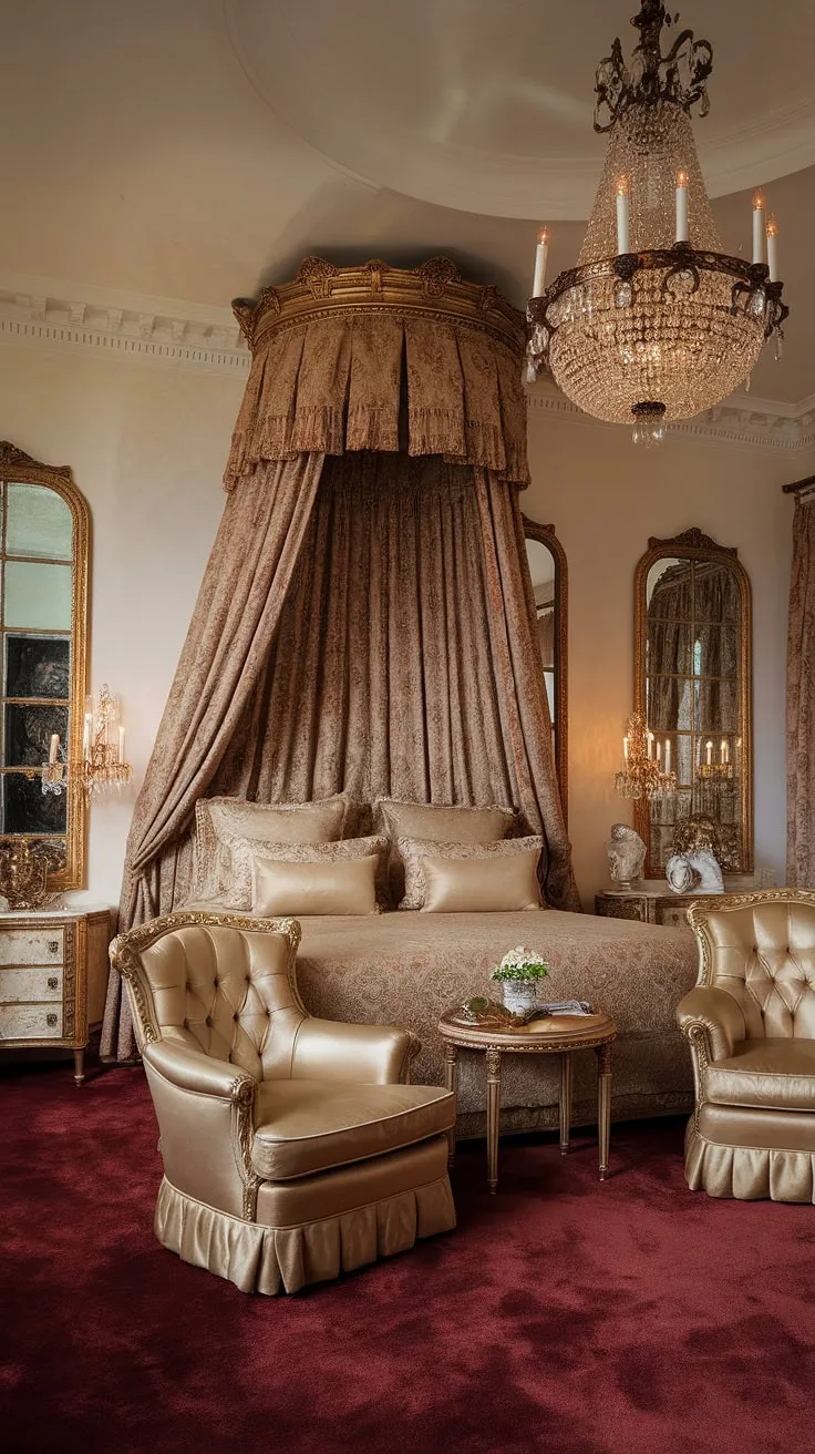 A king-size bed, gold furnishings, and shimmering mirrors create a decadent master suite.
