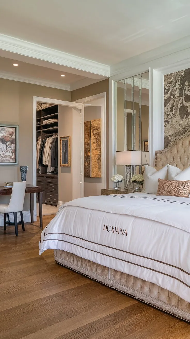 Experience opulent comfort in this beige and white master suite featuring a Duxiana pillow-top king bed and a walk-in closet