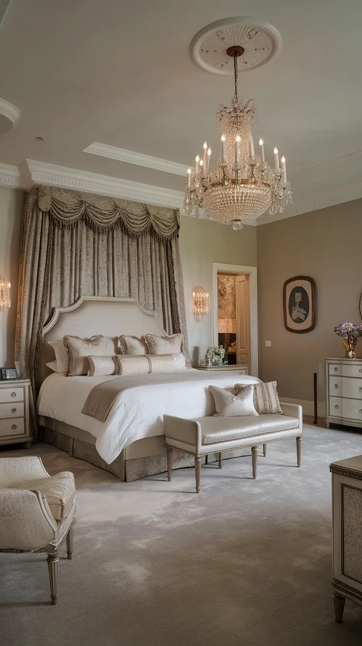 A plush carpet, king-size bed, and chandelier illuminate the opulent elegance of this mansion's lavish bedroom.