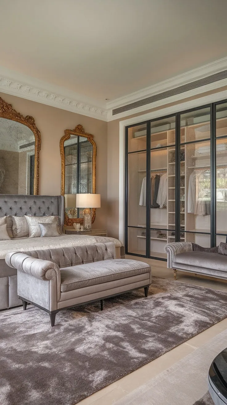 Elegant grey tones and gold accents define this lavish mansion bedroom's modern design