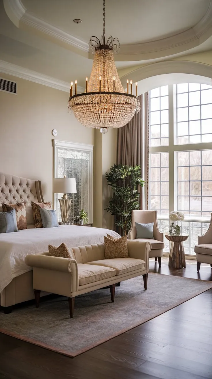A luxurious bedroom boasts a king-size bed, elegant chandelier, and large window, creating an atmosphere of refined comfort.