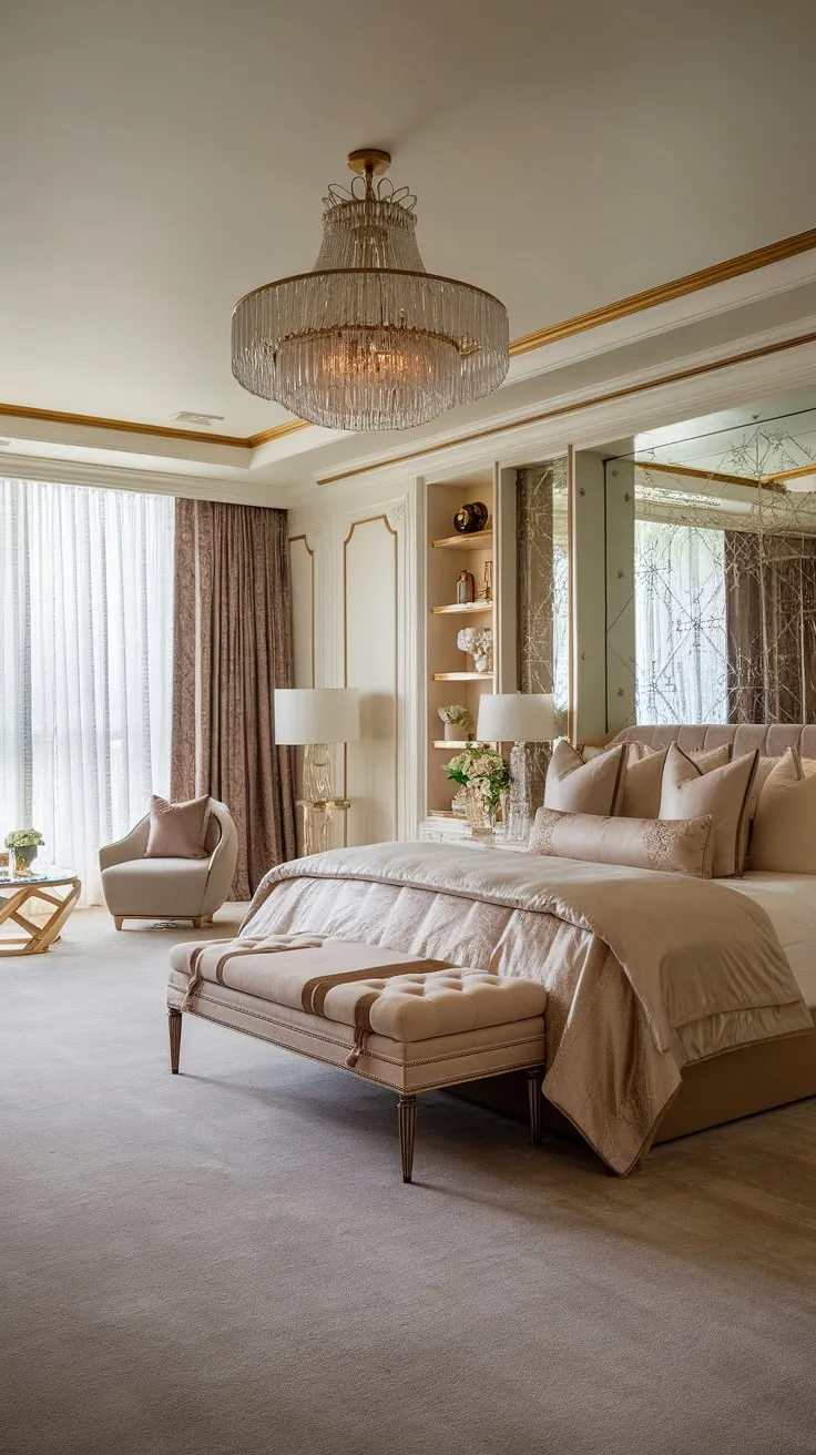 Opulent gold accents and plush furnishings transform this king-sized bedroom into a luxurious sanctuary