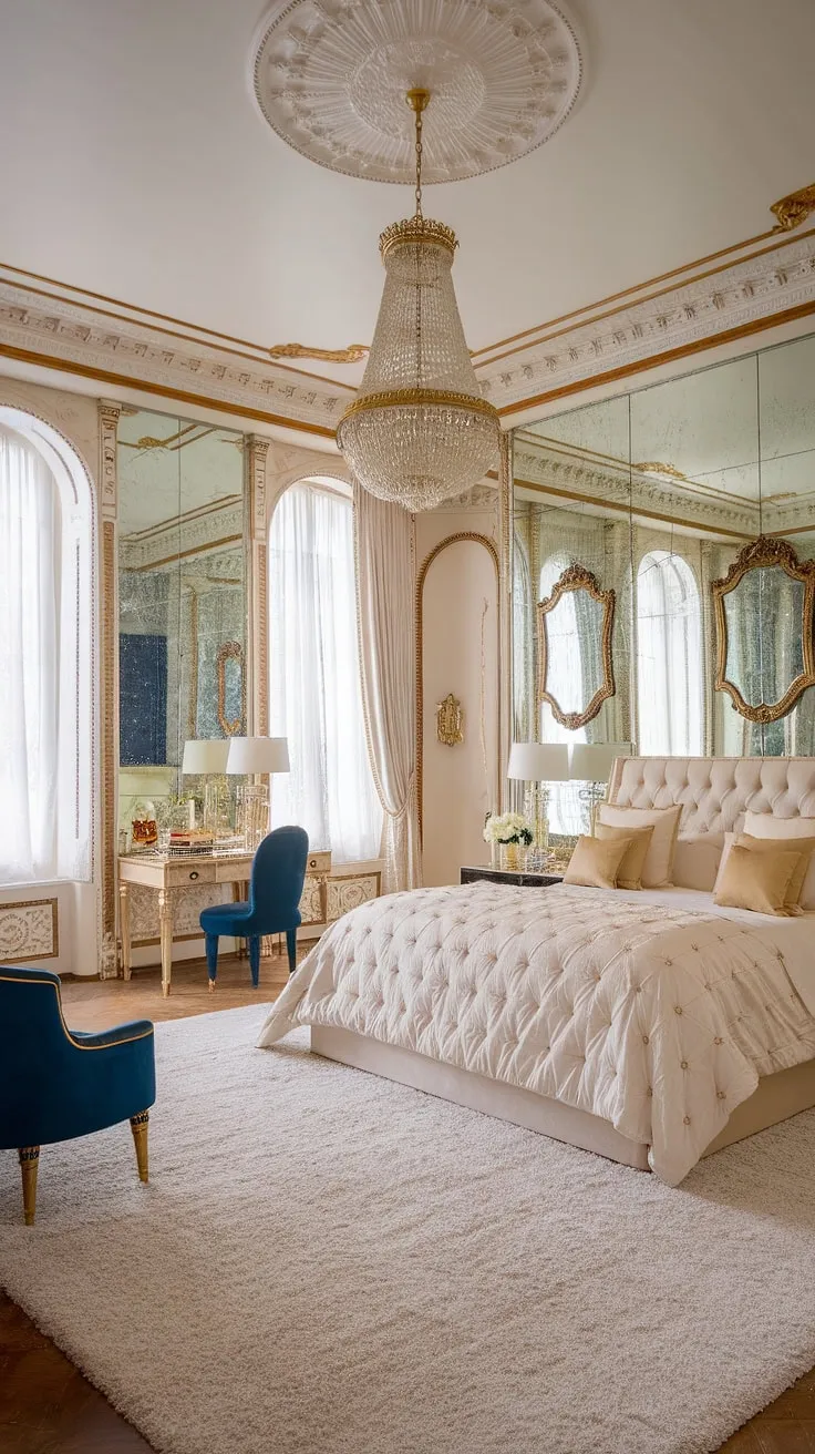 Opulent gold accents and plush furnishings define this luxurious bedroom's lavish design.