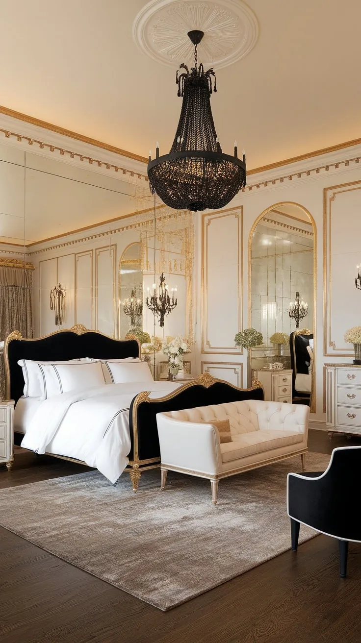 Opulent gold accents and a black king-size bed define this luxurious mansion bedroom's elegant design