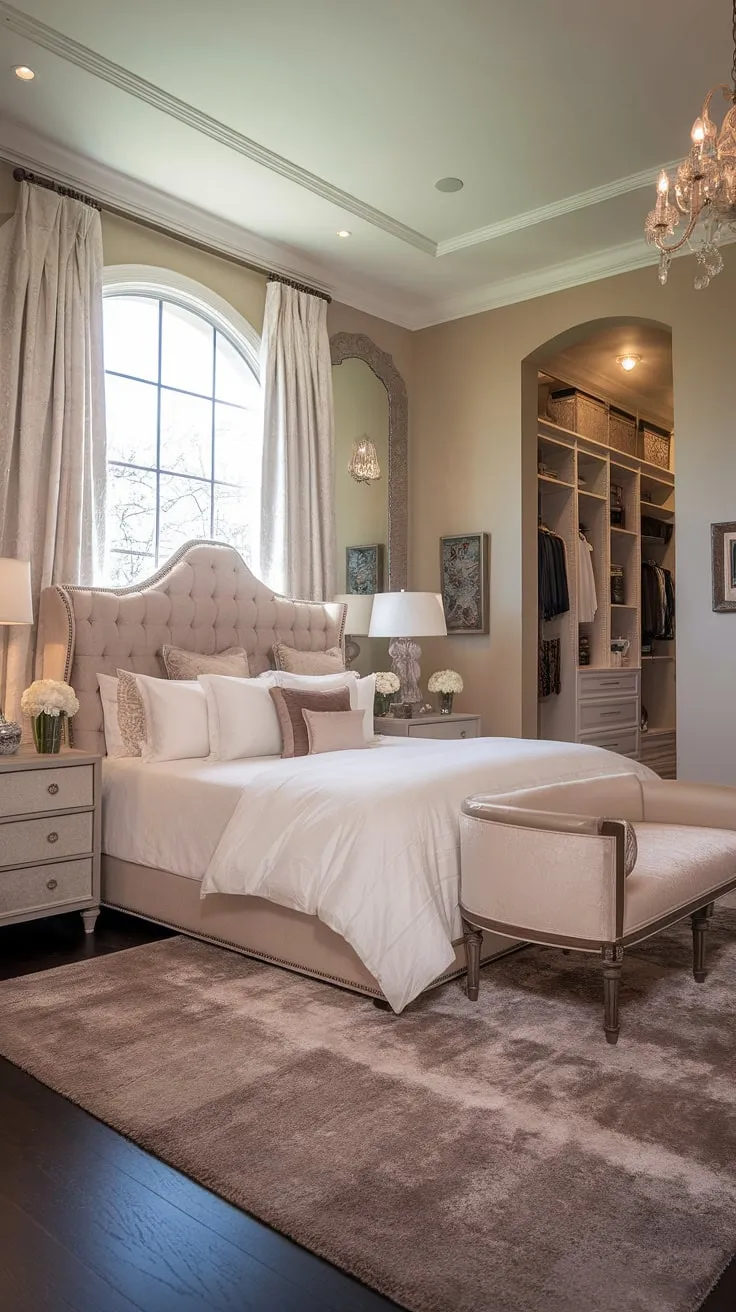 Opulence reigns in this exquisitely decorated bedroom, complete with a king-size bed and walk-in closet