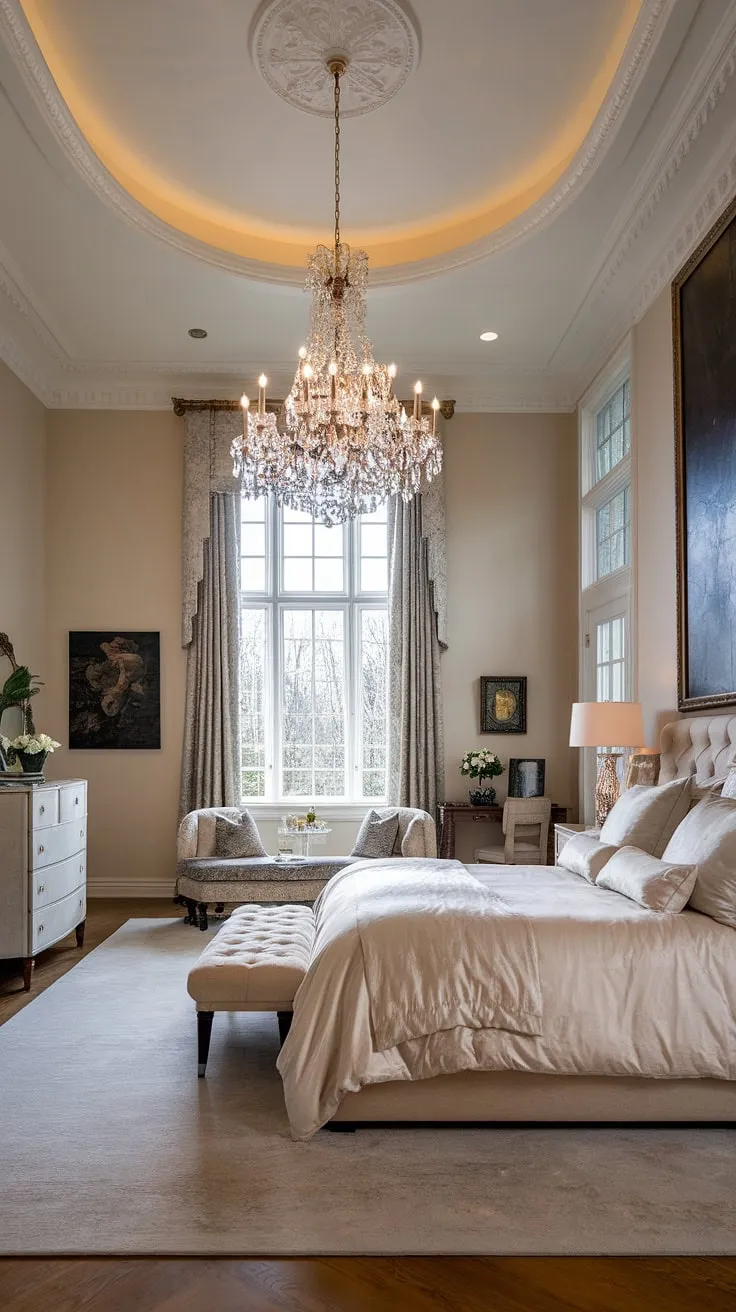 A king-size bed and luxurious furnishings define this mansion's master suite, a testament to refined elegance.