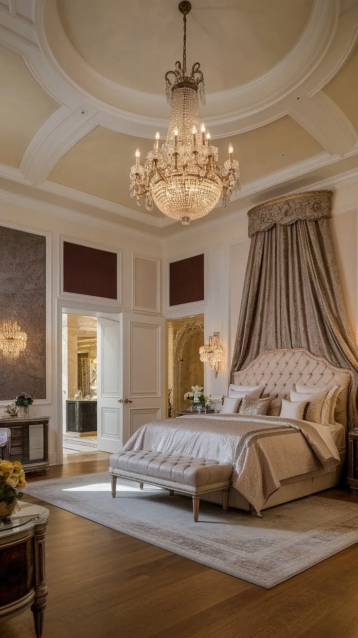 Opulent details and a king-size bed define this mansion's luxurious bedroom
