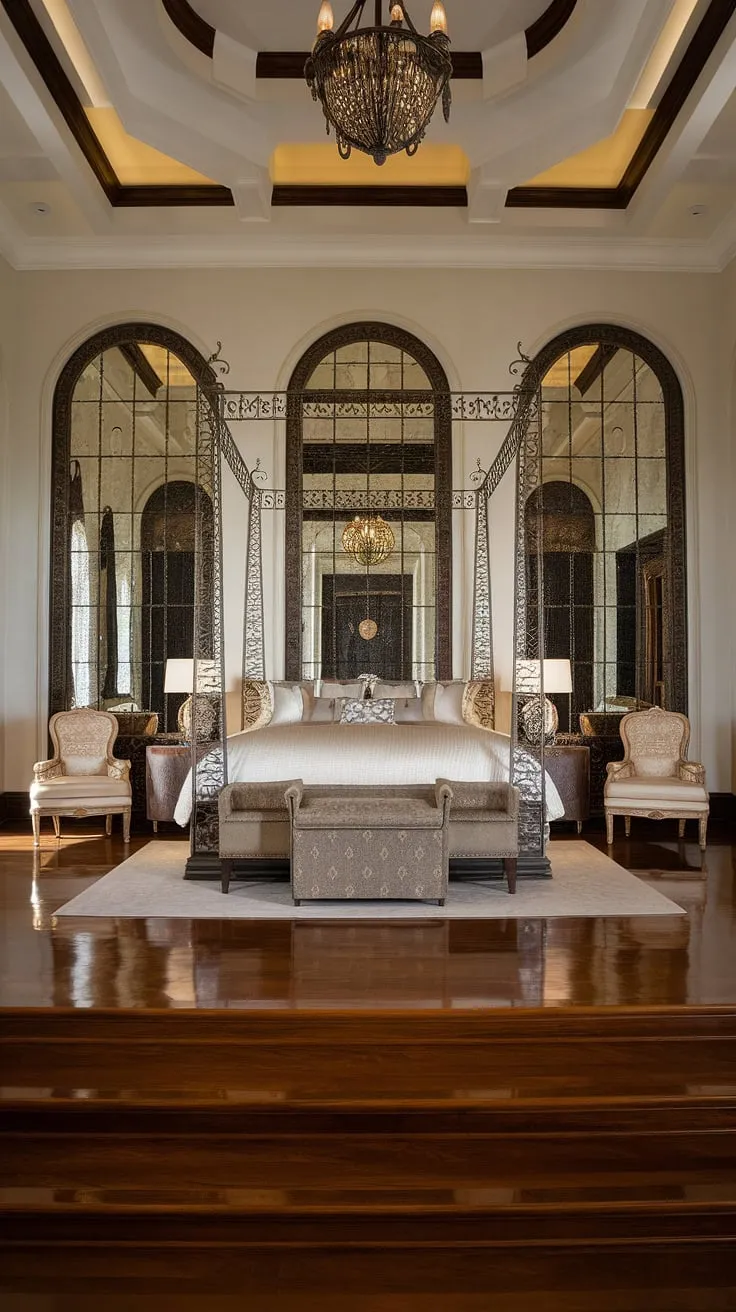 A king-size bed beneath a metal canopy dominates this mansion's opulent master bedroom, its high ceiling and ornate details hinting at lavish luxury.