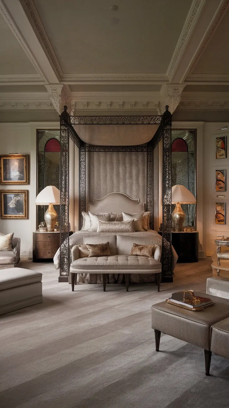 A palatial master suite exudes luxury with its ornate details and plush comfort.