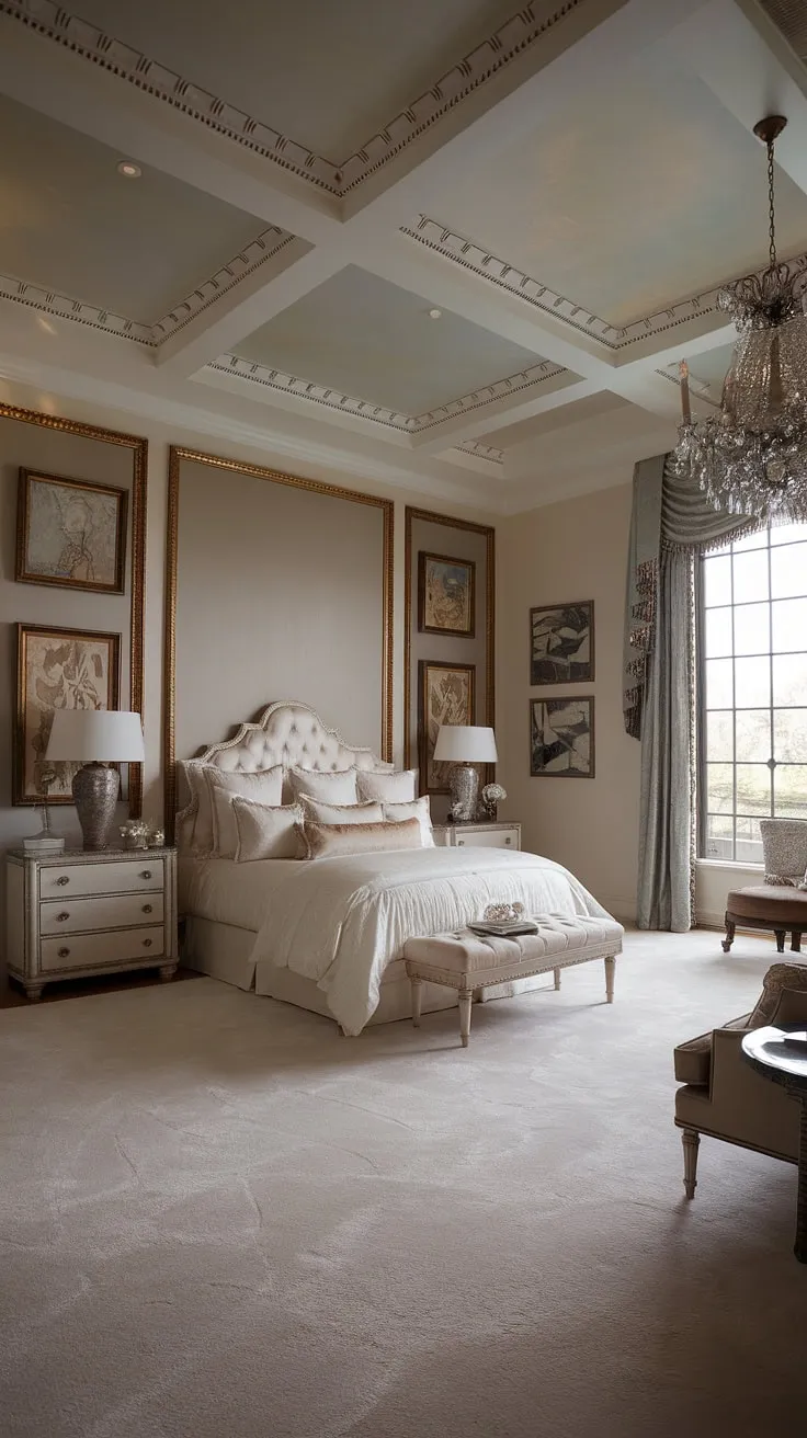 A high-ceilinged master suite exudes elegance with its lavish furnishings and artwork.