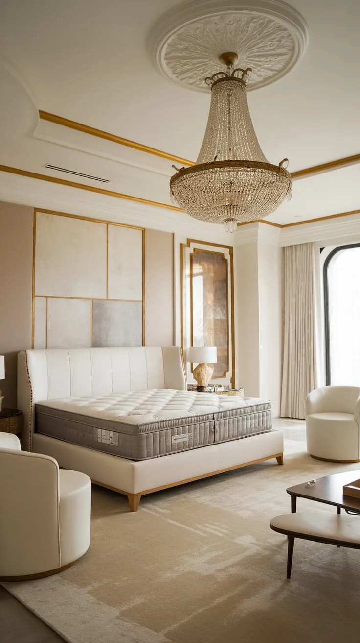 A grand mansion bedroom boasts a king-size bed, opulent chandelier, and elegant gold accents creating a luxurious atmosphere.