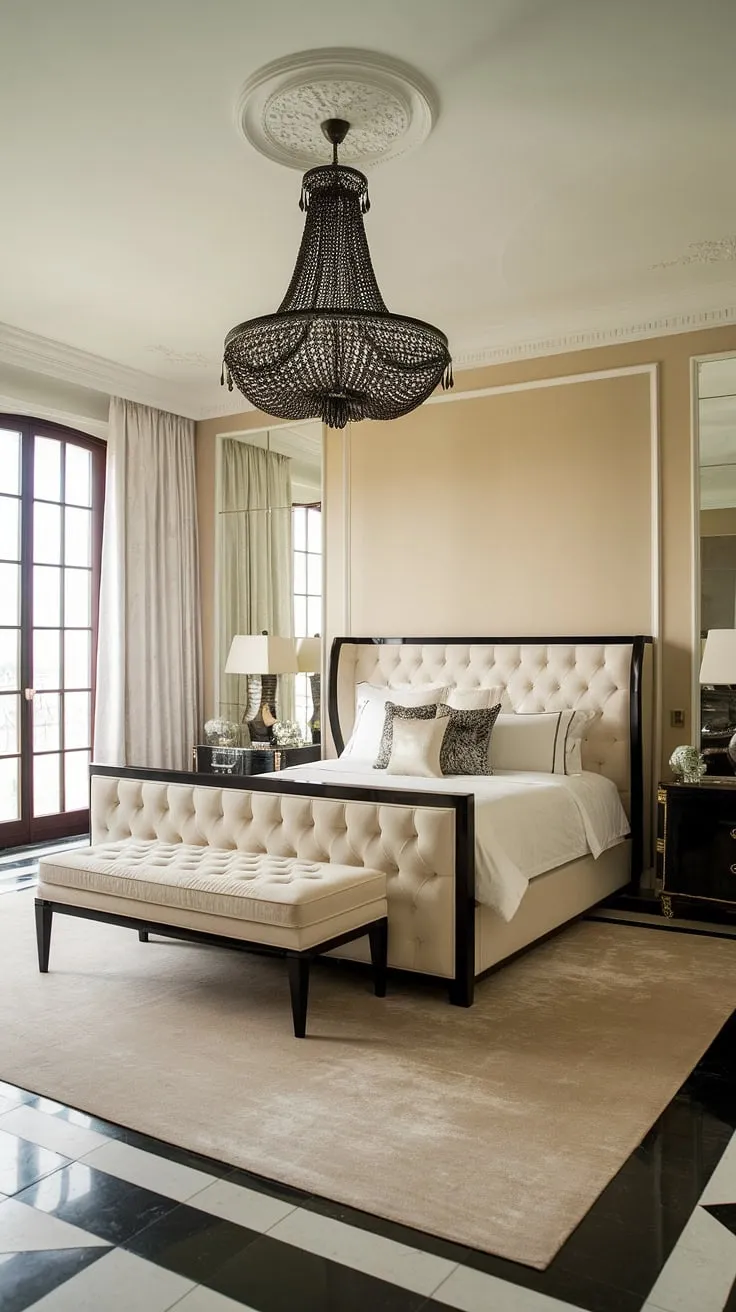 Elegant black and beige décor defines this luxurious king-sized bedroom, complete with a dramatic chandelier and checkered floor.