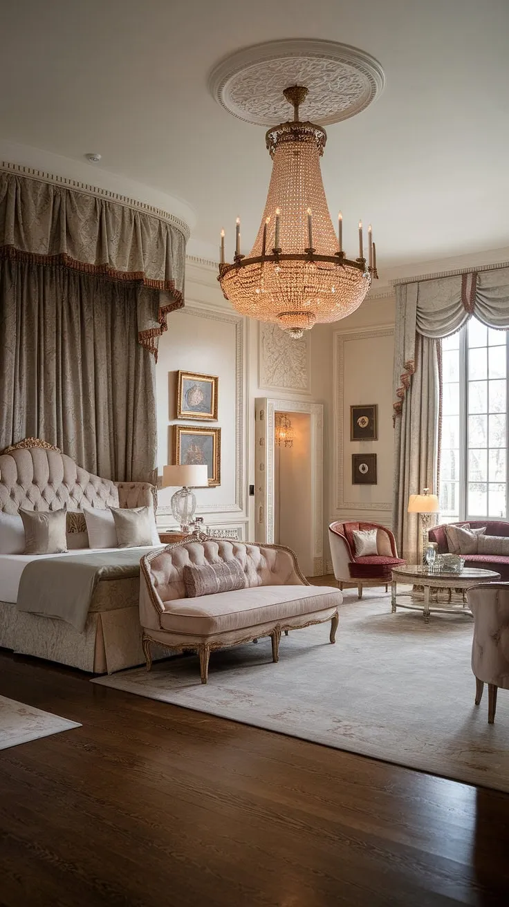 A king-size bed and ornate chandelier highlight the luxurious space's lavish design.
