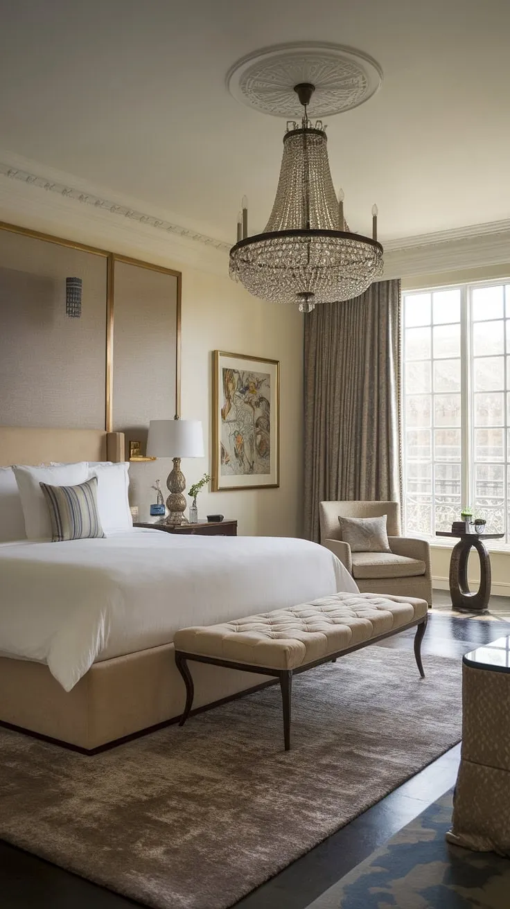 A king-size bed on a raised platform, a sparkling chandelier, and plush furnishings define this luxurious mansion bedroom.