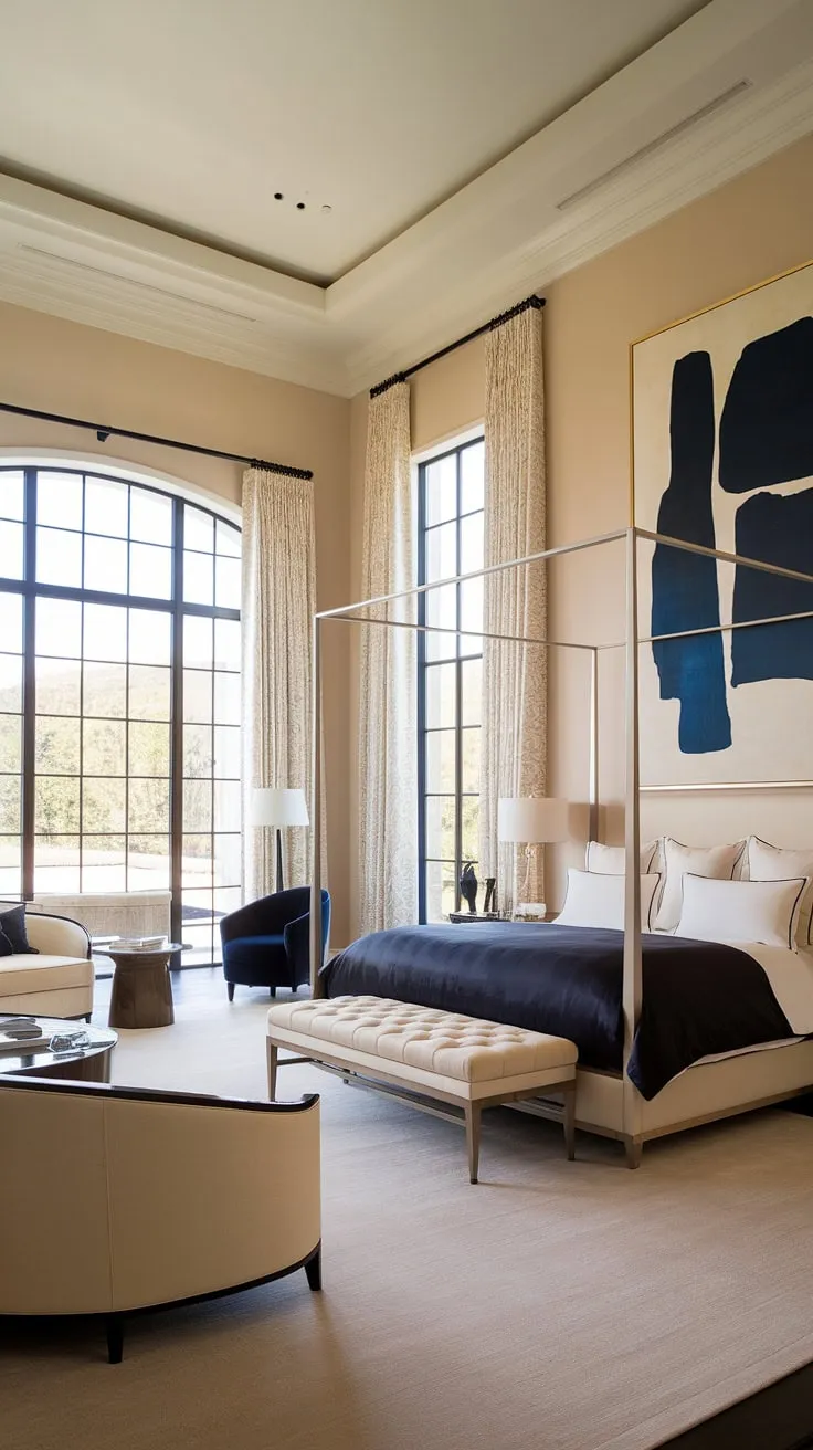 A lavish mansion bedroom boasts a sophisticated color palette of beige and dark blue, highlighted by modern furniture and high ceilings.