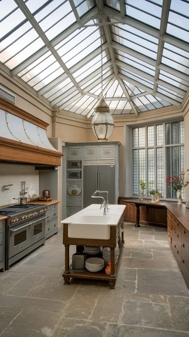Sunlight streams through a glass ceiling illuminating a grand Victorian kitchen's stone floor and opulent island