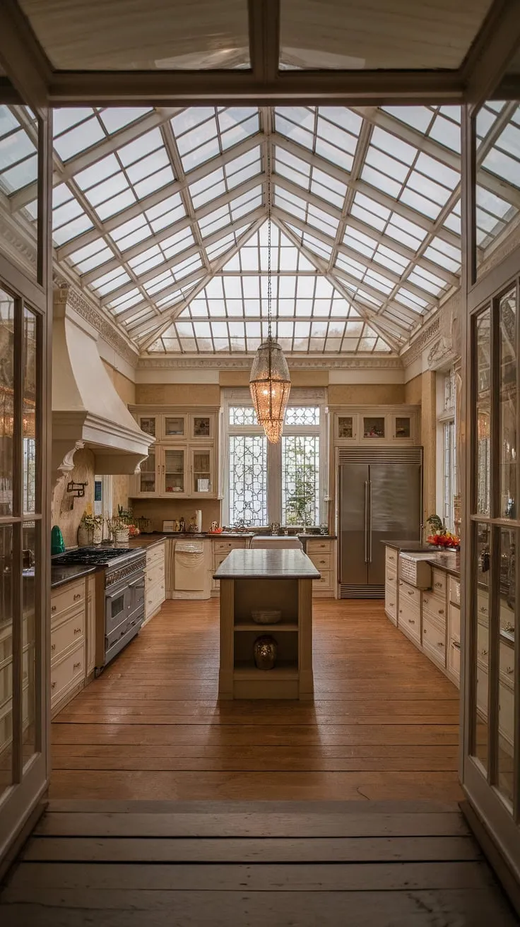 Warm light bathes a grand Victorian mansion kitchen, its glass ceiling illuminating vintage European-style appliances and a spacious wooden-floored layout.