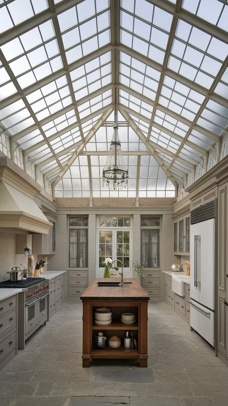 Victorian grandeur meets modern European kitchen design in a sunlit space featuring a glass ceiling and stone floors