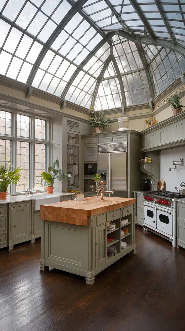 A Victorian mansion boasts a stunning kitchen, its glass ceiling bathing the butcher block island in light.