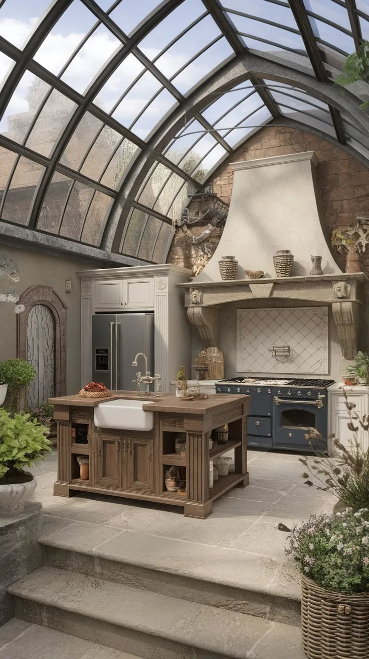 Sunlight streams into a majestic Victorian kitchen, its glass ceiling illuminating the castle-like grandeur within.
