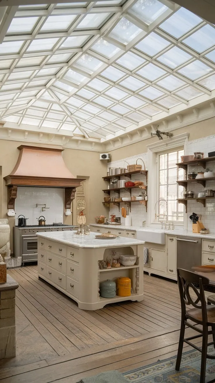 Sunlight streams through a glass ceiling onto a grand Victorian mansion kitchen, illuminating a marble-topped island and gleaming appliances.
