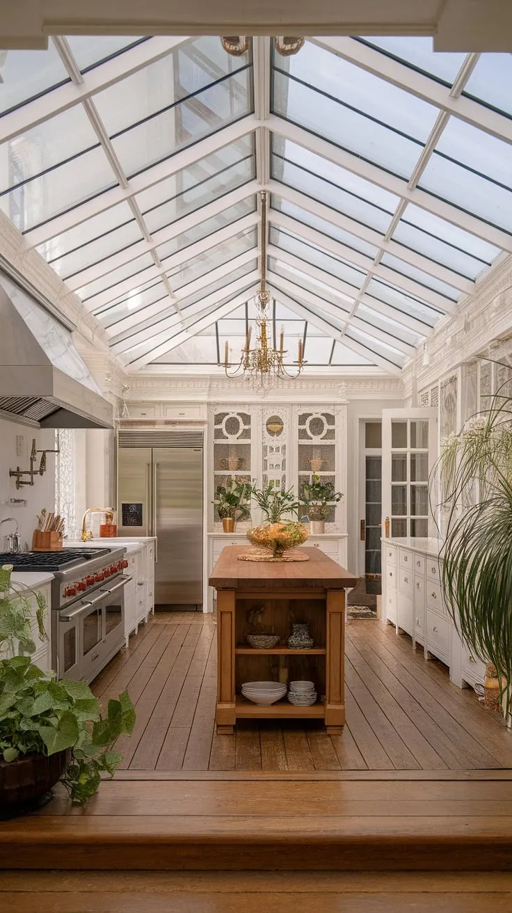 Elegant Victorian-style kitchen design features a glass ceiling and blends modern appliances with classic wooden details.