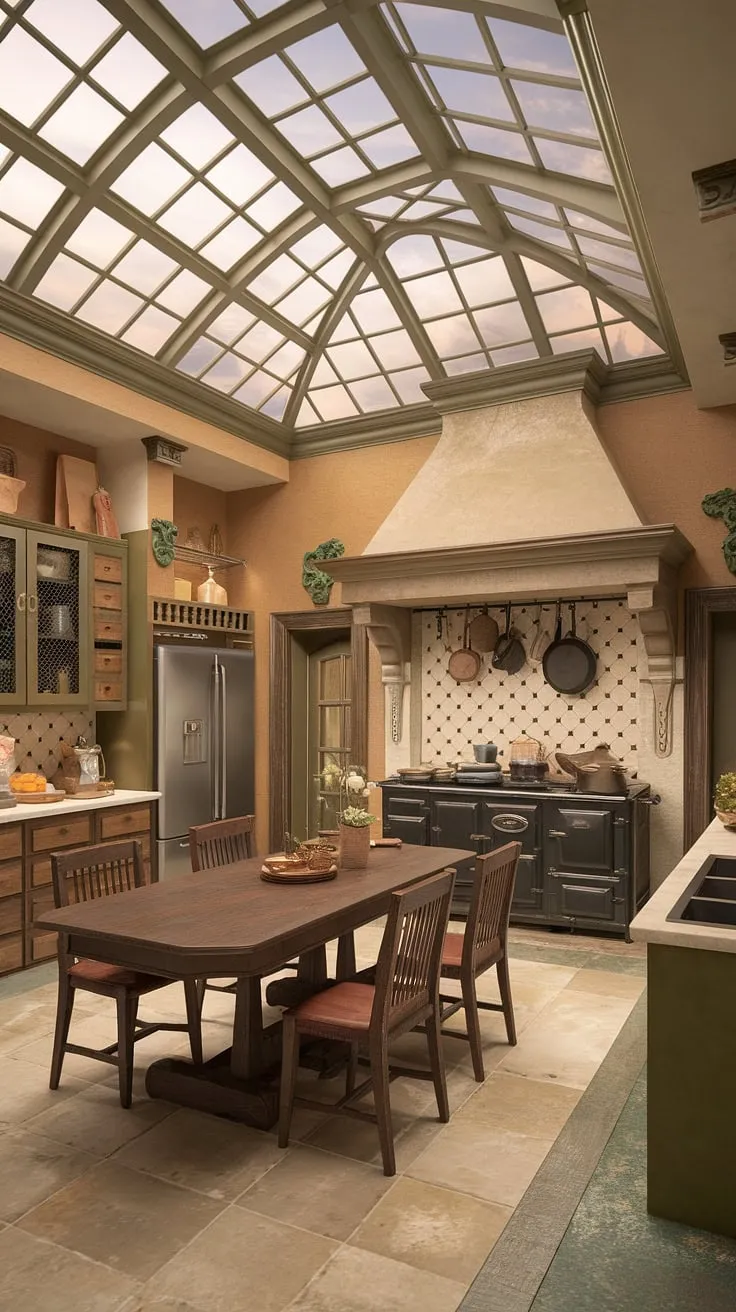 A grand Victorian mansion kitchen, bathed in natural light from a glass ceiling, boasts a European-style design with a large wooden table and vintage stove.
