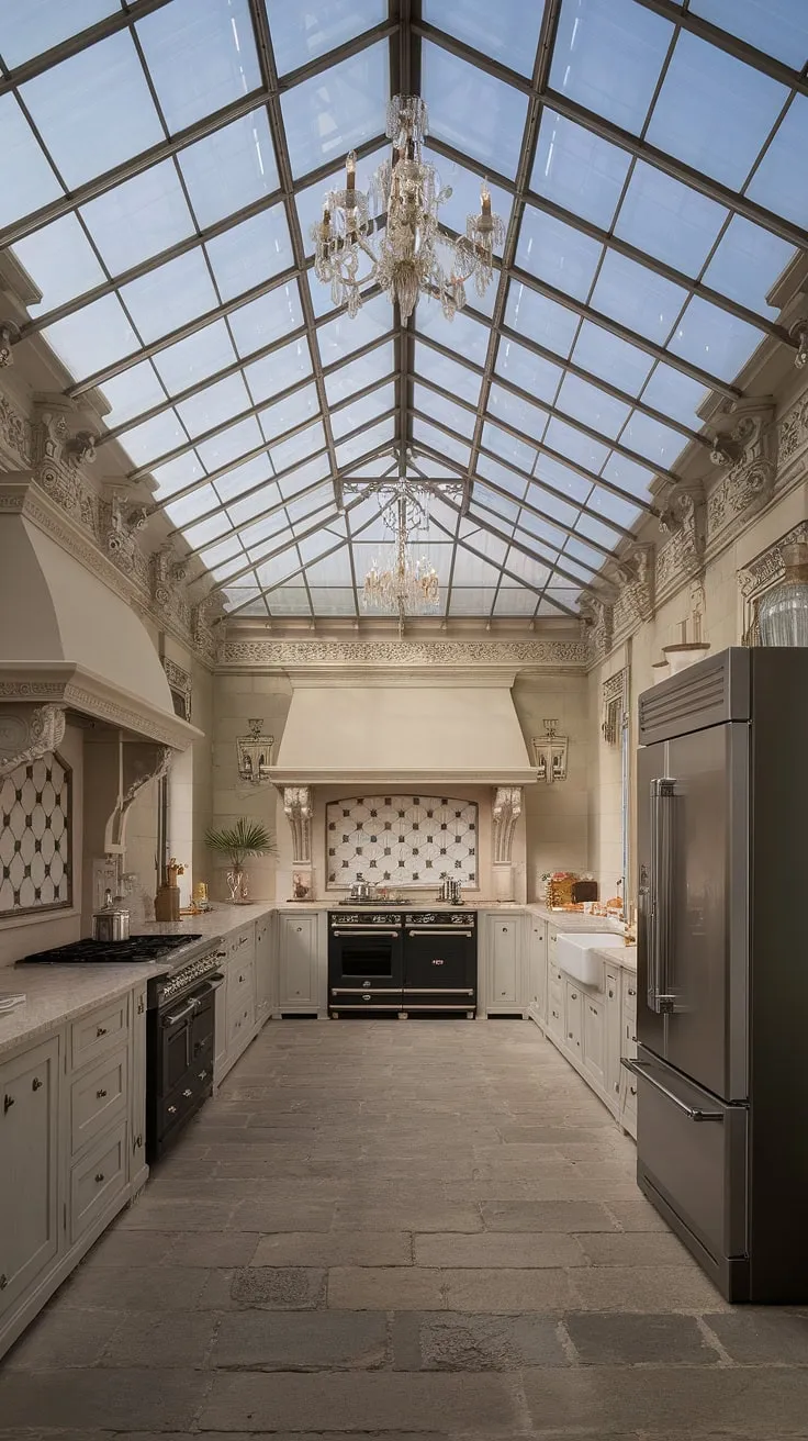 A glass-ceilinged mansion kitchen showcases a lavish blend of European and Victorian design elements, complete with gleaming appliances and stone floors.