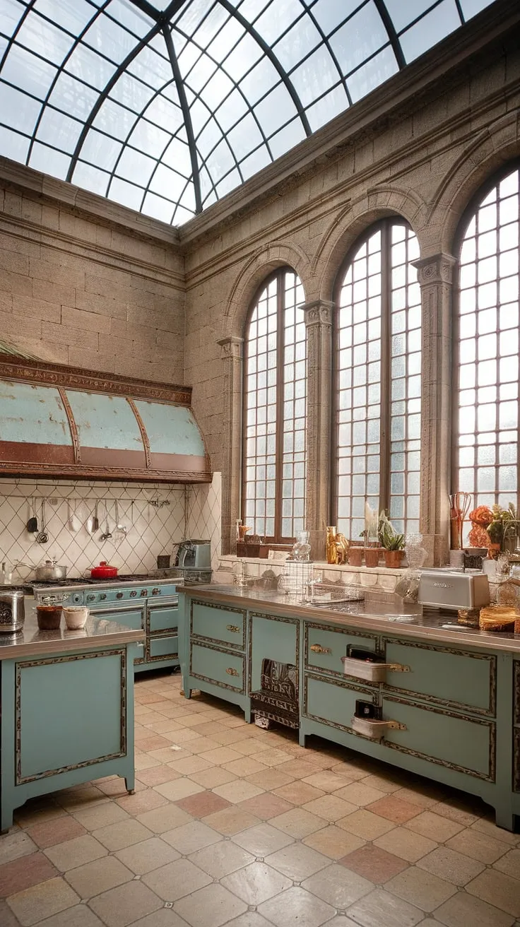 A stone-walled Victorian mansion kitchen boasts a glass ceiling and opulent European design.