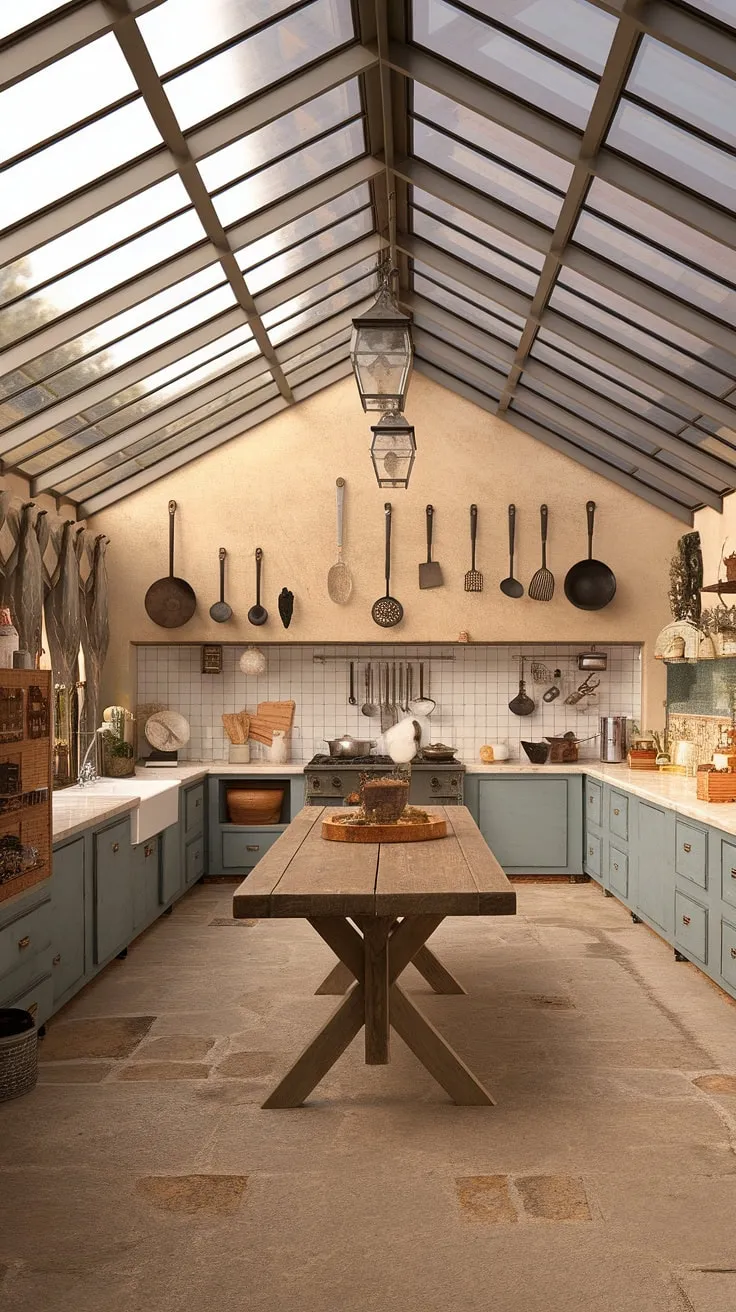 Sunlight streams through a glass ceiling illuminating a Victorian kitchen's vintage charm