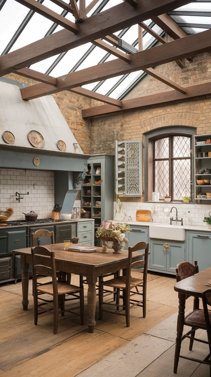 A grand Victorian kitchen, bathed in light from a glass ceiling, showcases antique furniture and exposed brick within a mansion's elegant space