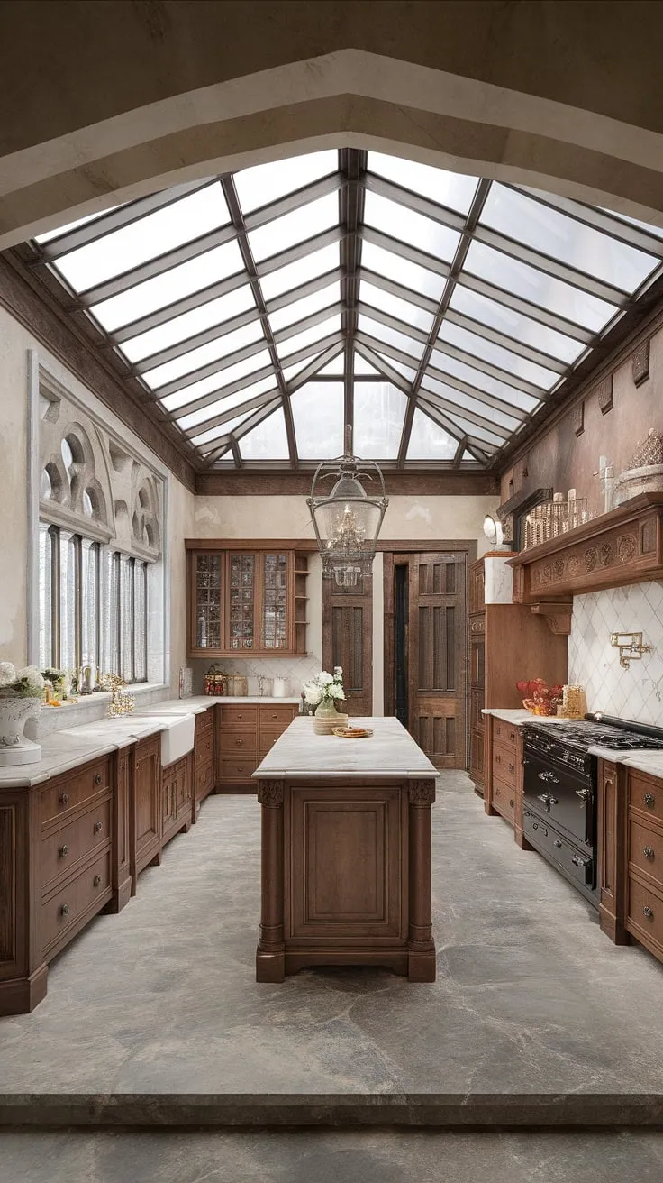 A majestic Victorian kitchen boasts a glass ceiling, bathing its stone floors and elegant cabinetry in natural light.