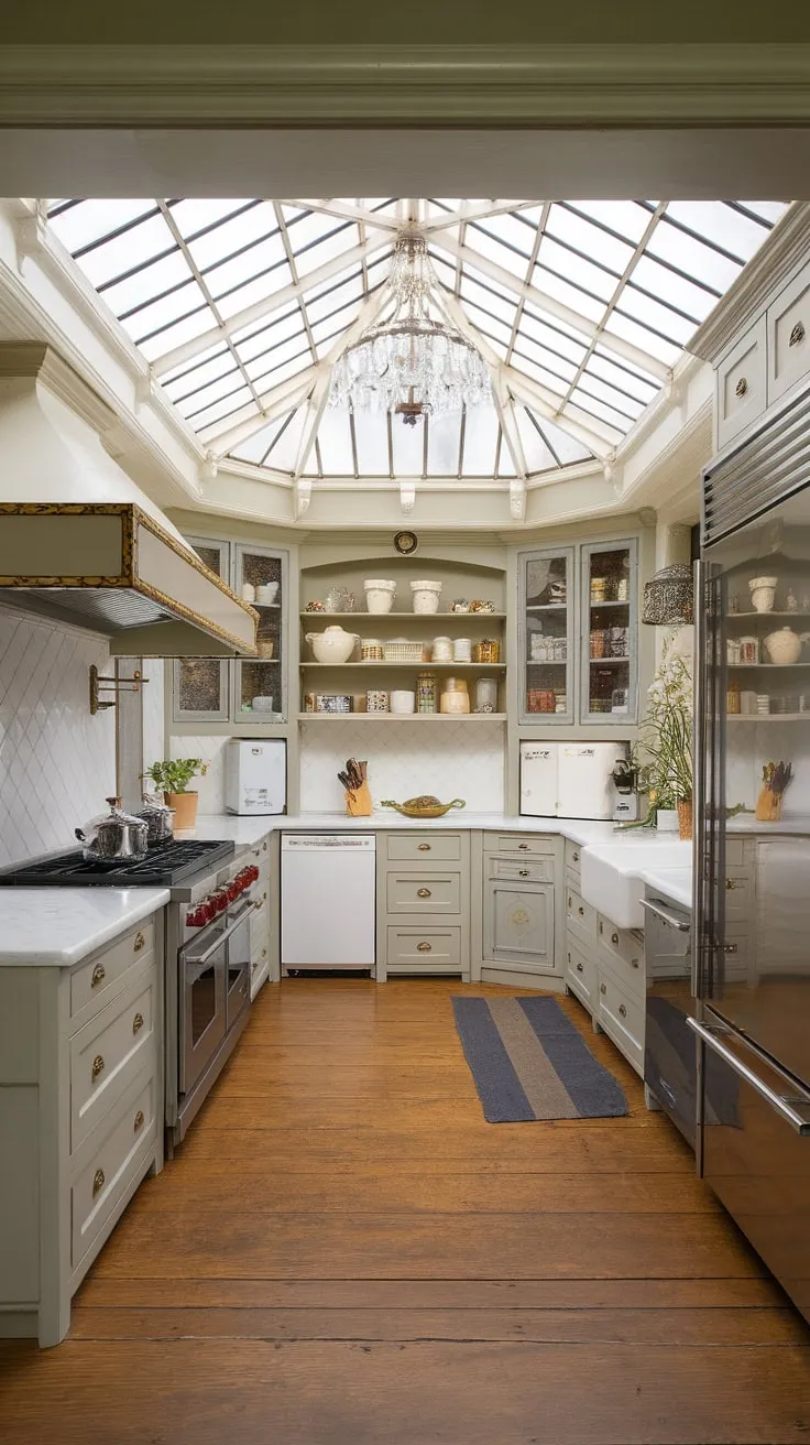 European Victorian elegance fills a sunlit mansion kitchen, complete with high-end appliances and a glass ceiling