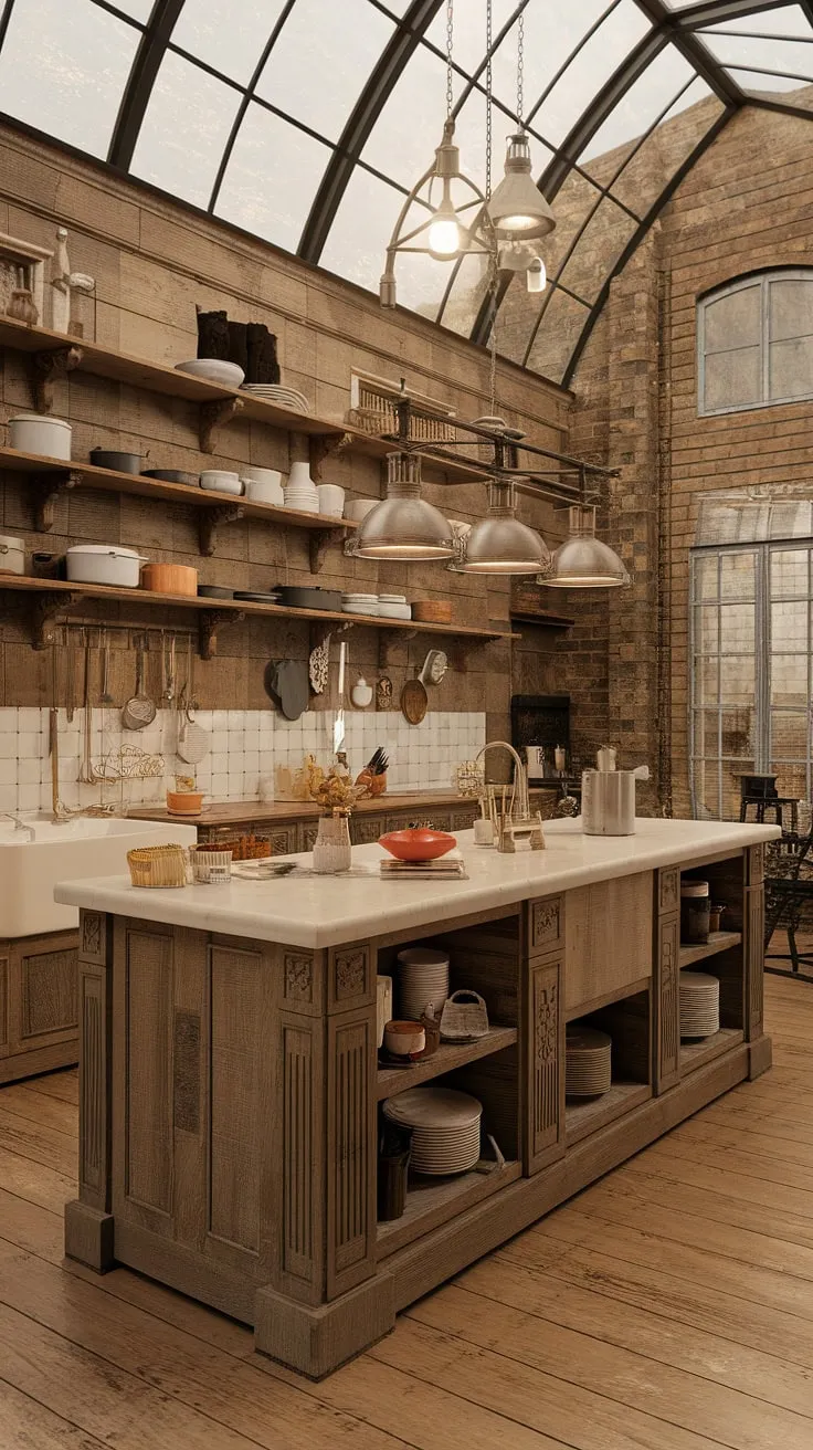 A magnificent Victorian kitchen boasts a glass ceiling, wooden accents, and ample cooking implements.