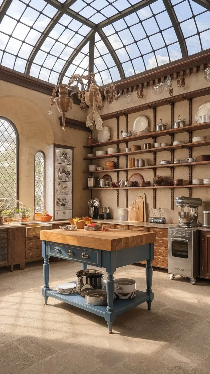 A glass-ceilinged Victorian mansion kitchen boasts a grand wooden island and ample natural light, creating a European castle-like ambiance