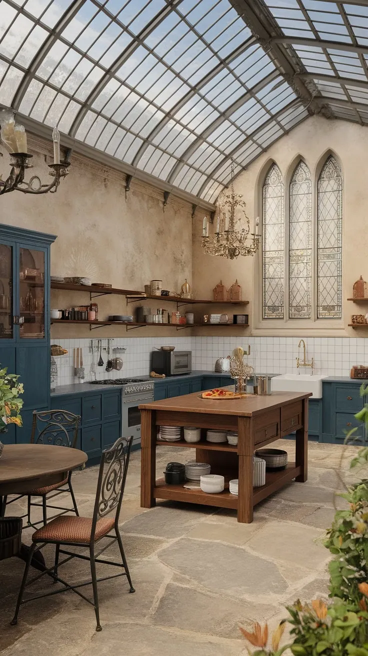 A grand Victorian mansion kitchen, complete with glass ceiling, stone floors, and a wooden island, exudes old-world opulence.