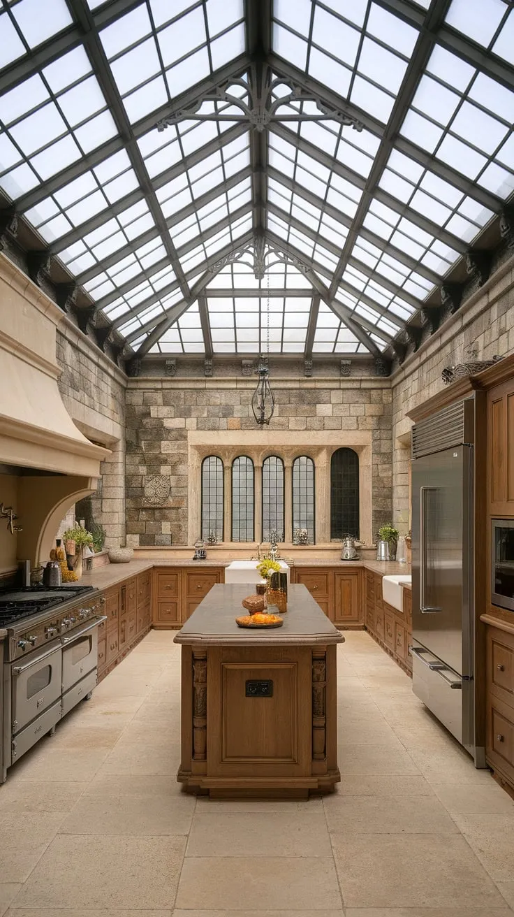 A grand mansion kitchen, boasting a glass ceiling and Victorian-European design, features stone walls, wooden cabinetry, and a large central island.