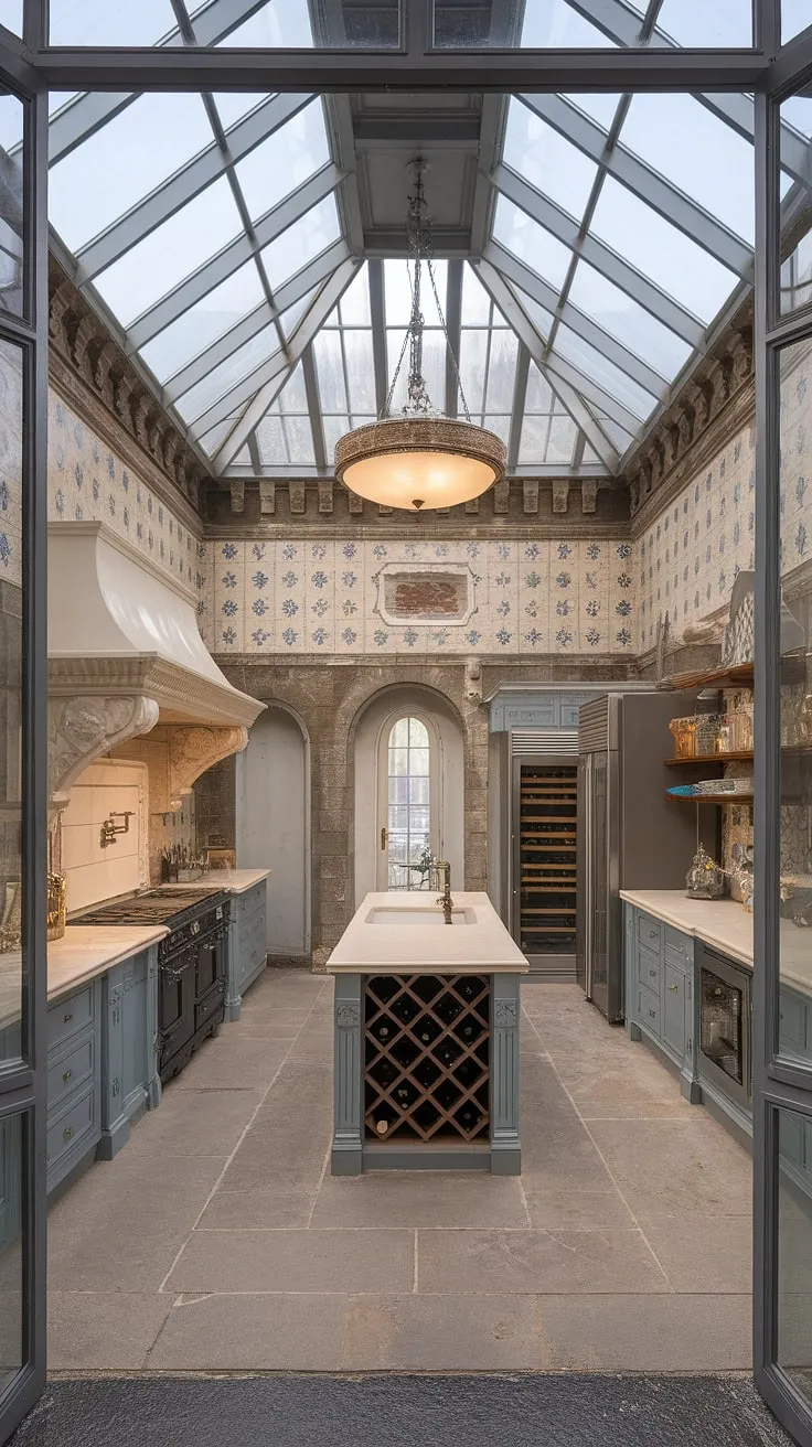 Modern and antique elements blend in a luxurious European mansion kitchen, highlighted by a glass ceiling and ornate details.