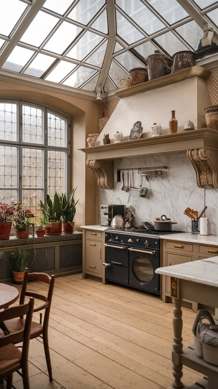 A European mansion's opulent kitchen boasts a glass ceiling and Victorian details.