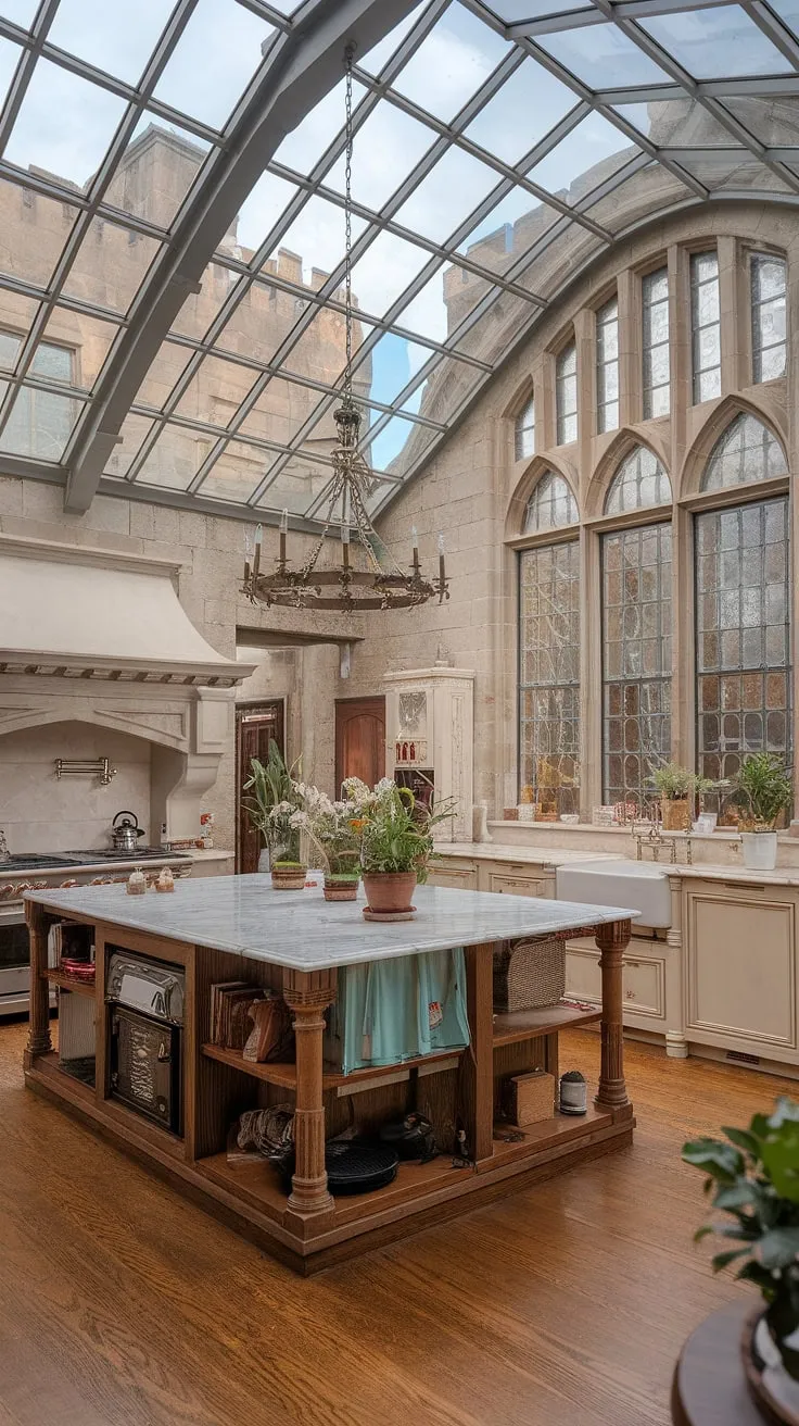 A grand castle-like mansion boasts a breathtaking Victorian kitchen with a glass ceiling and marble island.