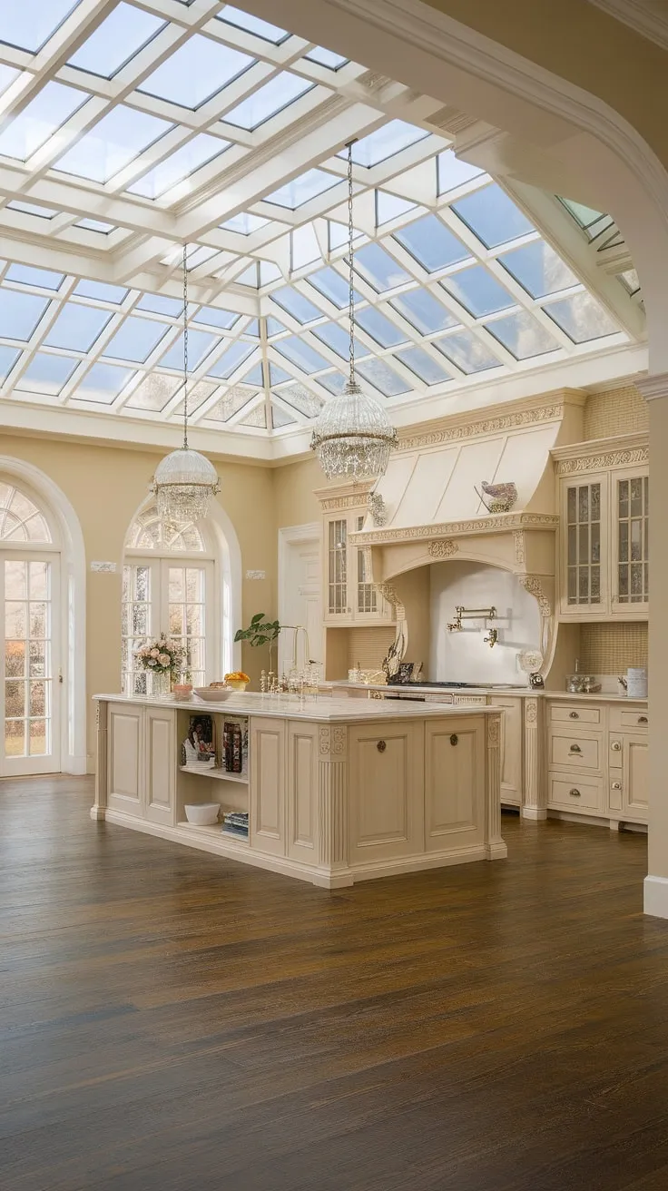 Sunlight streams through a glass ceiling onto a grand Victorian mansion kitchen, illuminating a spacious island and dark wood floors.