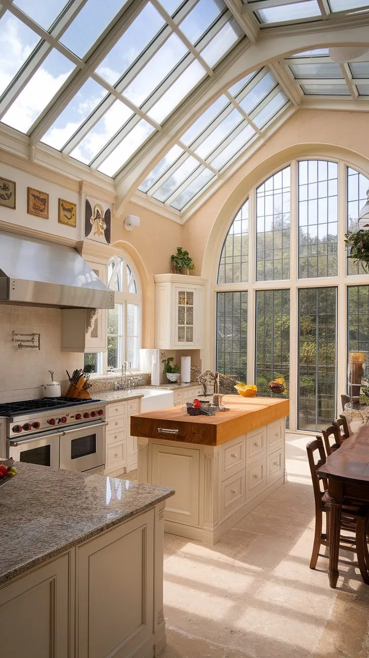 Sunlight streams through a glass ceiling illuminating a grand Victorian kitchen's elegant granite and stainless steel features.