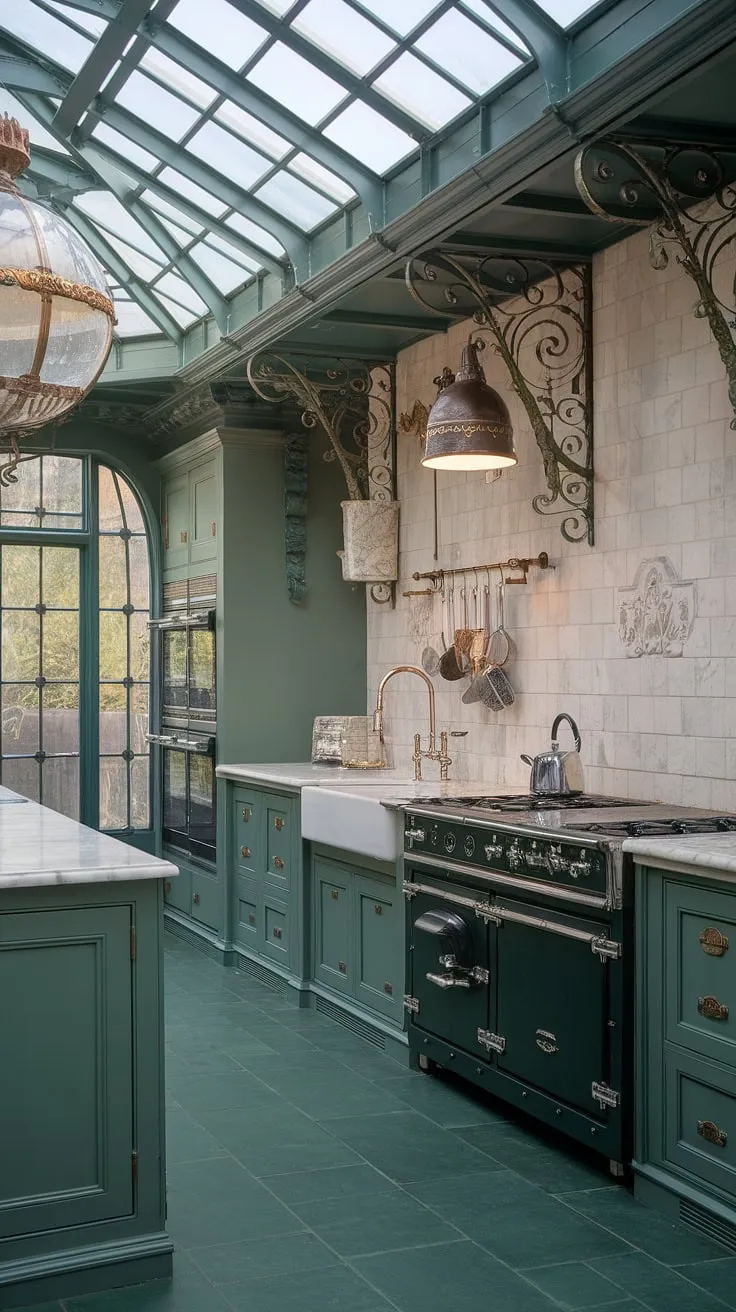 A grand Victorian mansion kitchen boasts a glass ceiling, dark green European design, ornate ironwork, and gleaming marble countertops.