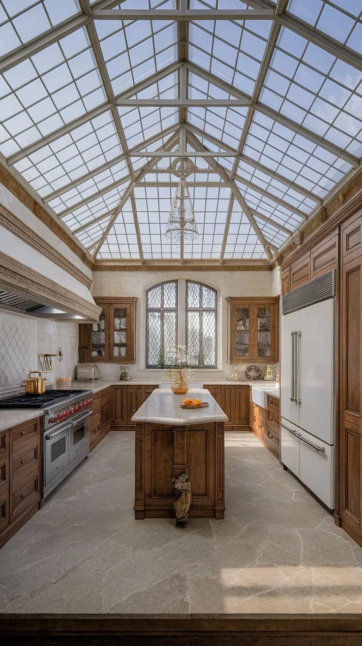 Sunlight streams through a glass ceiling illuminating a grand Victorian kitchen's elegant appliances and stone floor