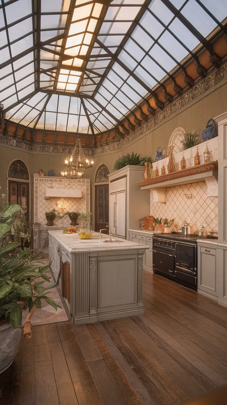 A grand Victorian kitchen, complete with a glass ceiling and marble island, showcases opulent European design and warm lighting.