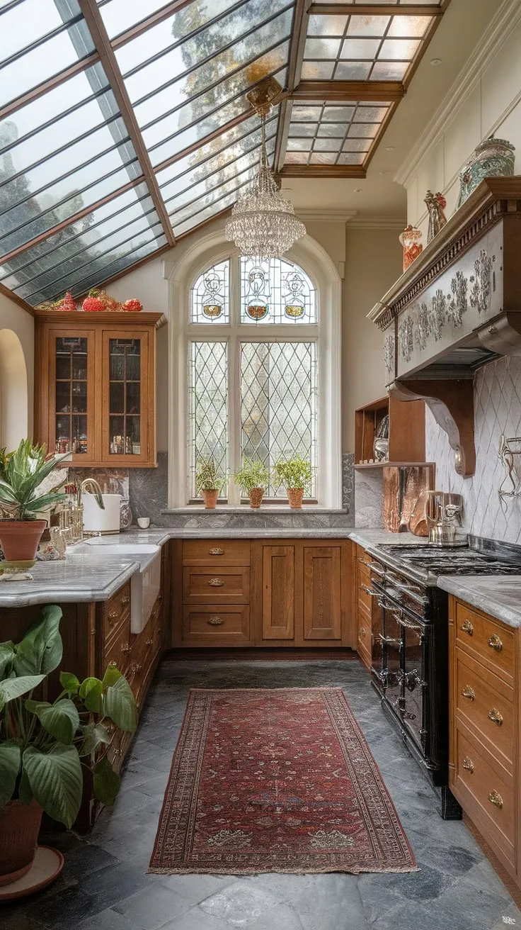 A grand mansion kitchen boasts a European Victorian design, complete with a glass ceiling, marble countertops, and rich wooden cabinetry.