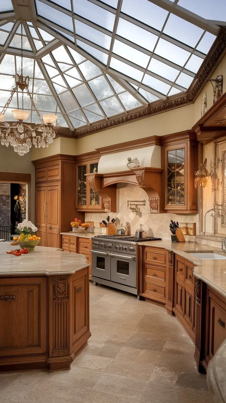 Elegant Victorian-era kitchen design features a glass ceiling and opulent European-style details