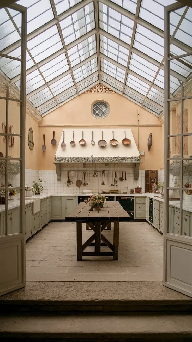 Elegant Victorian mansion kitchen boasts high ceilings, vintage utensils, and a grand wooden table