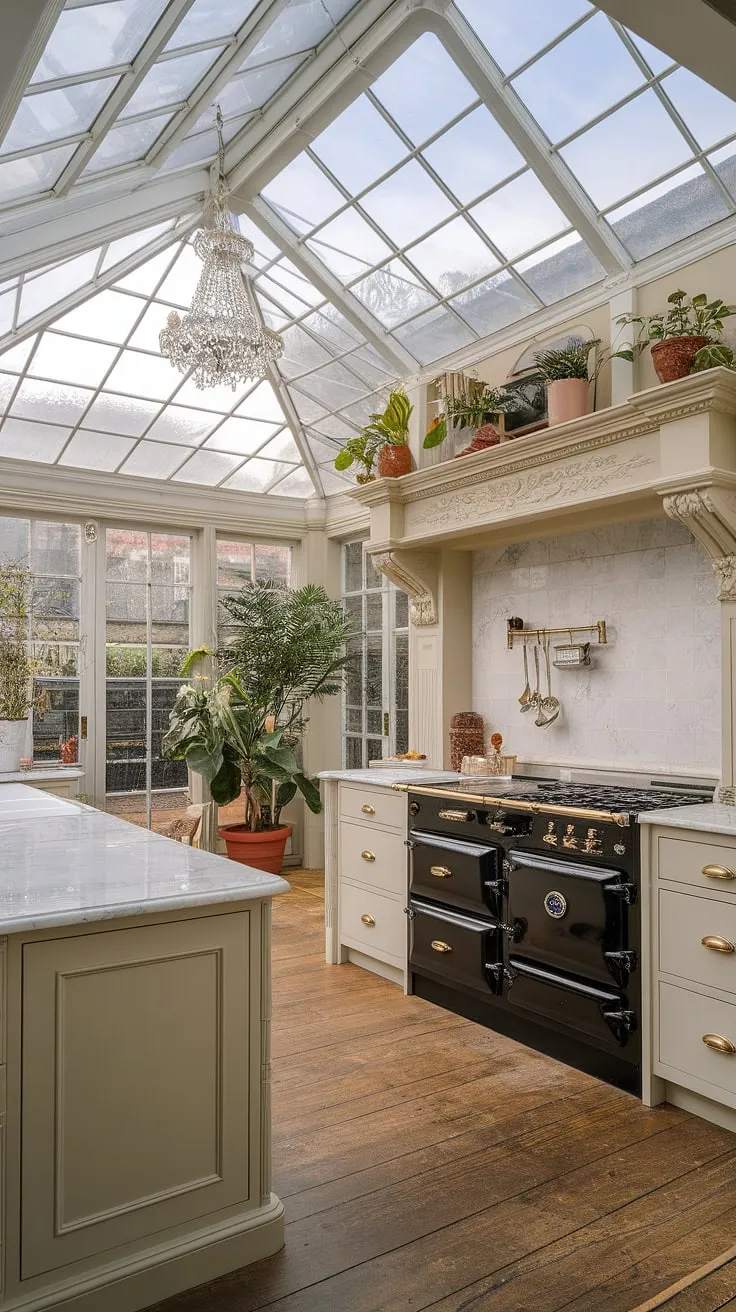 A sunlit European mansion kitchen boasts Victorian charm with a black range and marble countertops.